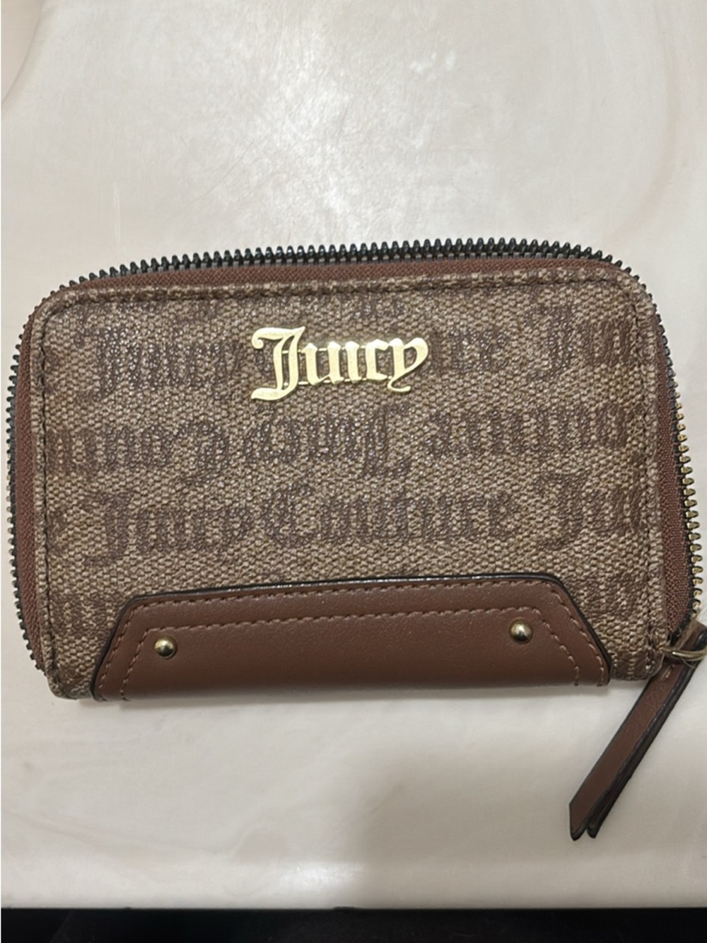 Juicy Couture Cream Leather Trifold Wallet with Script Lining